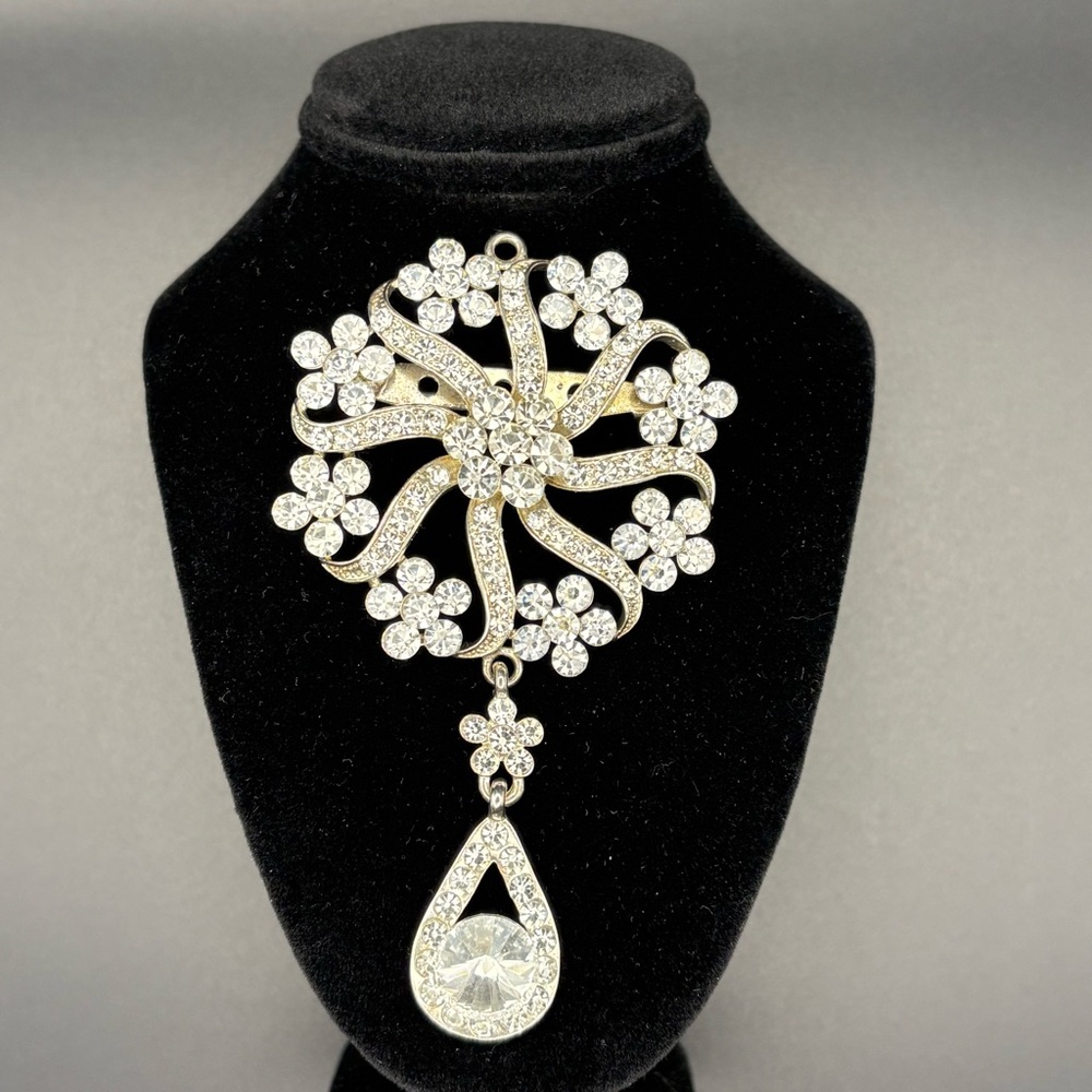 Silver Rhinestone Floral Drop Pendant Brooch - Elegant Statement Jewelry